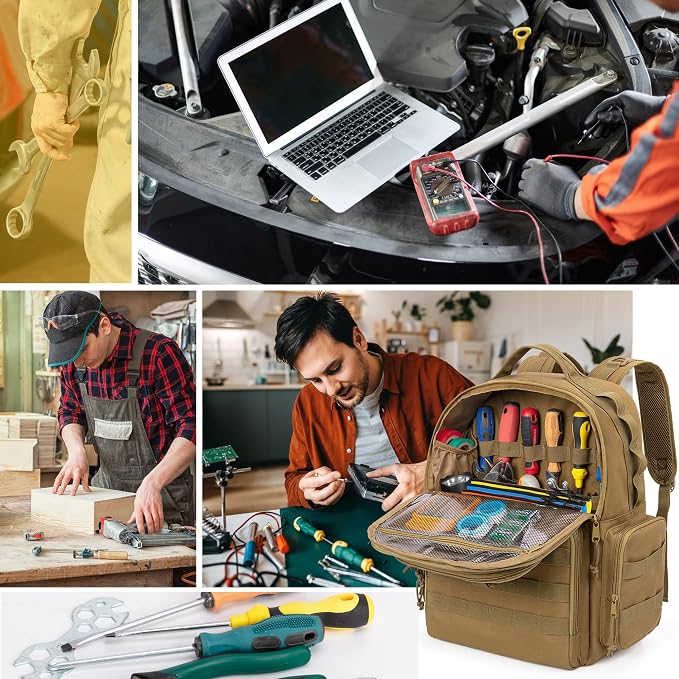 Rexmica Tool Bag Backpack for Men with 3 Tool Pouches, Heavy-Duty Tool Storage Organizer Bag with Padded Shoulder & Waist Support, Tactical Work Tool Bag for Electrician, Repairman, HVAC Techs, Khaki