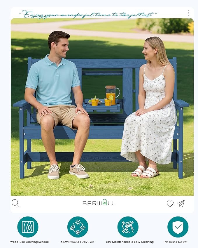 SERWALL HDPE Outdoor Bench with Cup Holder Oversized 58" Porch Bench, Navy | Suitable for 3 Person, Heavy-duty, High Backrest, Weatherproof Material Patio Benches for Garden, Park, Yard, Front Porch