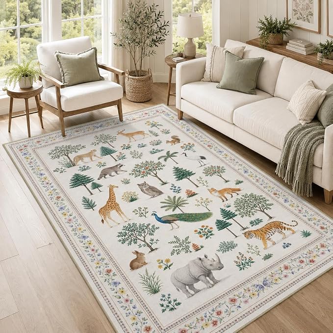 Area Rug 5x7 Jungle Animal Print Rug Wild Zoo Animals Forest Rugs for Living Room Machine Washable Non-Slip Printed Low Pile Indoor Carpet for Kids Room Nursery Bedroom Playroom,Beige