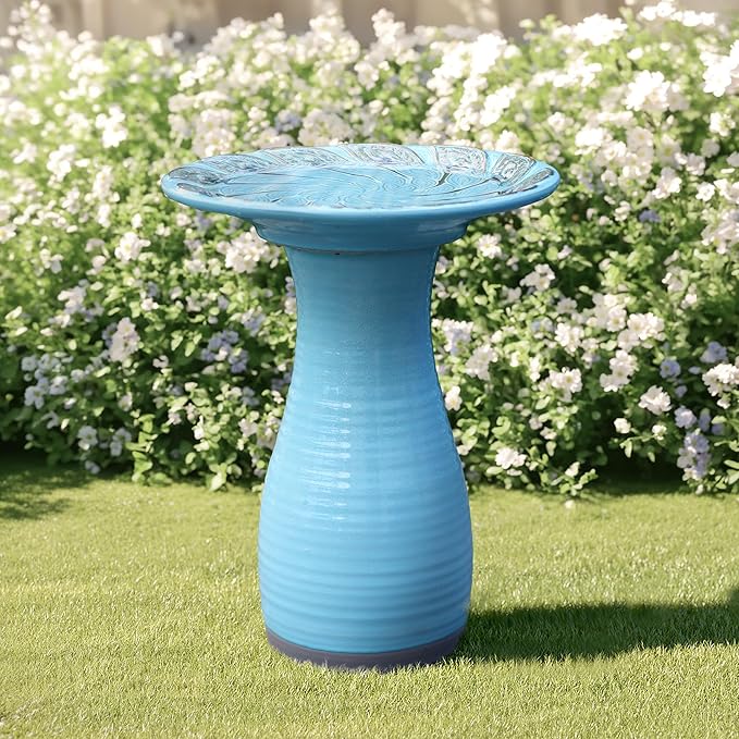 LuxenHome 20.6 Inch Ceramic Bird Bath for Outside, Elegant Tall Outdoor Bird Bath, Lightweight Pedestal Glazed Birdbaths for Outdoors with Leaf Pattern, Sky Blue