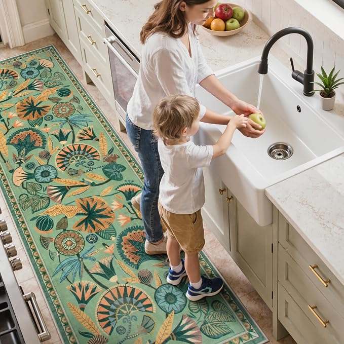 Zealude Floral Kitchen Rugs, 2.5X8 Green Runner Rug for Hallway, Non Slip Rugs for Entryway, Washable Carpet Runner with Rubber Backing, Vintage Rug for Bathroom Bedroom Indoor