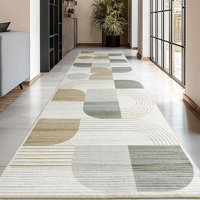 Soft Modern Geometric Abstract Machine Washable 2.7x8 Runner Rug | Beige Rugs for Bedroom Living Room, Non-Shedding Faux Wool Indoor Throw Floor Carpet for Office Entryway Dining Room Decor