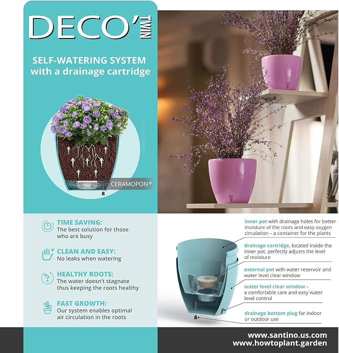 DECOPOTS - Self Watering Planter - Indoor Decorative Flower Pot with Drainage Cartridge and Water Level Indicator (Diameter 11.2", Transparent)