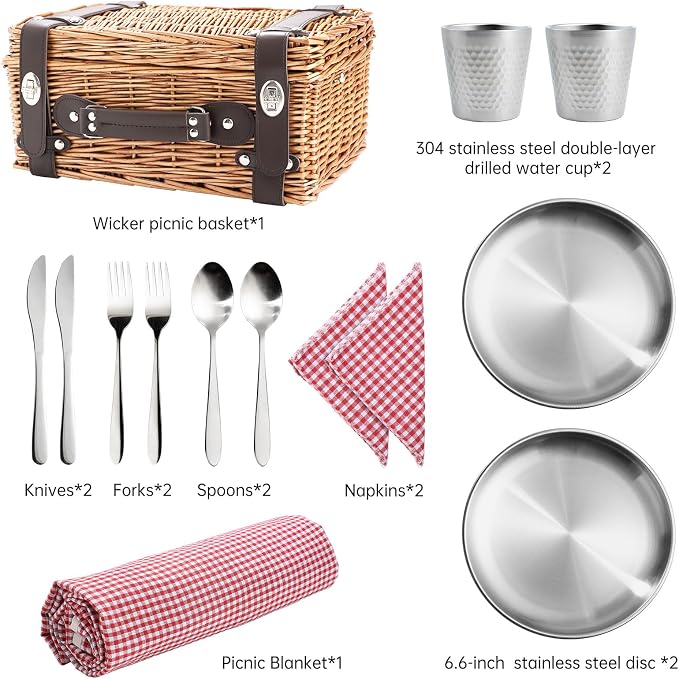 Picnic Basket Set for 2, Wicker Picnic Baskets with Waterproof Blanket and Cutlery Service Kit, Willow Hamper for Camping, Outdoors, Valentine's Day, Christmas, Birthday, Wedding Gift
