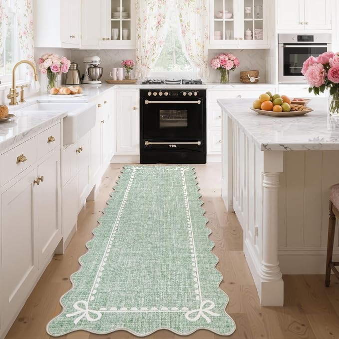 GarveeHome Scalloped Hallway Runner Rug 2.5x8 Non Slip Sage Green Rugs | Washable Bow Rug for Girls Bedroom Dorm Nursery Entyrway Kitchen, Soft Low Pile Ultra-Thin Stain Resistant Indoor Carpet