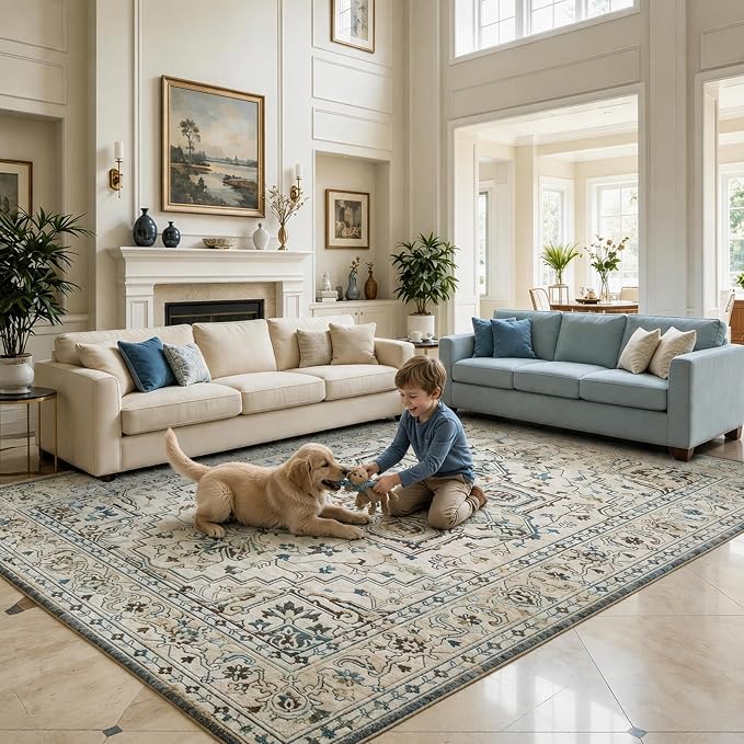 Vintage Washable Area Rug 8x10, Non-Slip Low-Pile Farmhouse Persian Carpet for Living Room Dining Room Bedroom, Stain Resistant Traditional Indoor Rug, Neutral Cream Blue