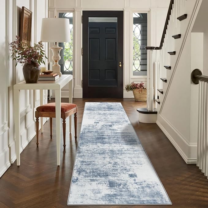 2'6''x8' Runner Rugs Washable Rug:Modern Abstract Hallway Blue White Carpet | Non-slip TPE backing makes this washable soft low-pile rug safe & durable, Pet-friendly decor for dining room,nursery,office