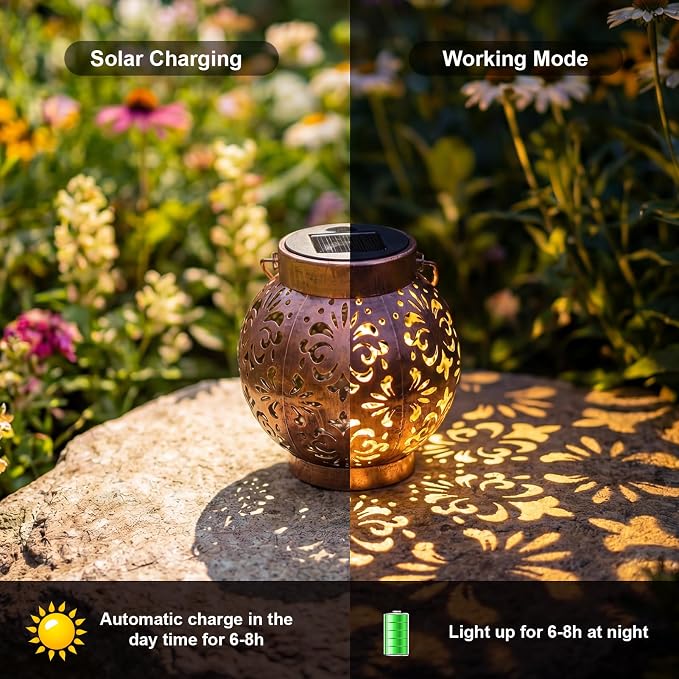 Edenseelake 2 Pack Solar Hanging Lanterns Outdoor Waterproof Flower Lights, Metal Decorative LED Lantern for Garden, Patio, Porch, Yard, Lawn, Bronze