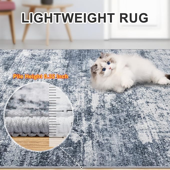 PLHXFR 6x9 Area Rug Living Room: Abstract Washable Carpet Grey Blue | For Bedroom Dining Room Farmhouse Nursery Home,Machine washable,Non Slip,Large Soft Neutral,Stain Resistant, Indoor Floor