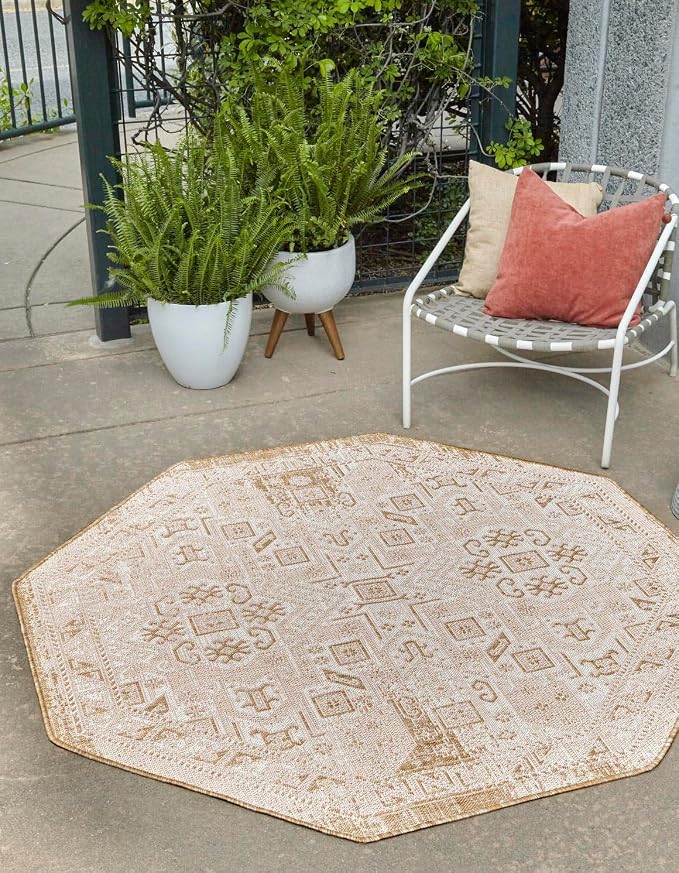 Unique Loom Outdoor Aztec Collection Area Rug - Coba (7' 10" Octagon, Natural/ Ivory)