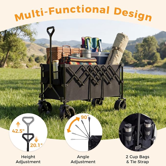 NEWBULIG Foldable Wagon Cart, 440LB Heavy Duty Collapsible Wagon with Extra-Long Storage, All-Terrain Wheels, Portable Utility Cart Wagons for Groceries, Camping, Sports, Beach, Garden, Black