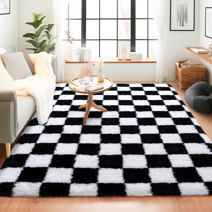 Black and White Checkered Rugs for Bedroom, 4x6 Ultra Fluffy Fuzzy Shag Area Rug for Living Room, Modern Plush Soft Upgrade Non-Slip Carpet for Kids Girls and Boys Room Dorm Nursery Home Decor