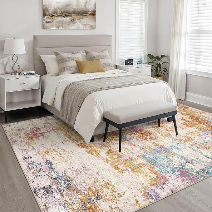 LOONGRUG 7x9 Area Rug Washable Neutral Modern Living Room Rug Multi Gold | Abstract Soft Stain Resistant Indoor Non-Slip Carpet for Bedroom Nursery Kids Office Playroom Dining Room