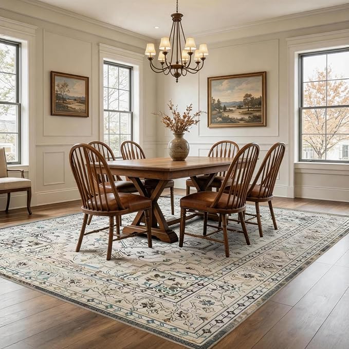Vintage Washable Area Rug 8x10, Non-Slip Low-Pile Farmhouse Persian Carpet for Living Room Dining Room Bedroom, Stain Resistant Traditional Indoor Rug, Neutral Cream Blue
