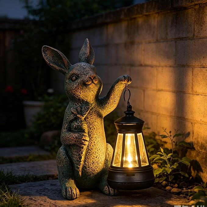 Solar Garden Statues -Rabbit Lantern Outdoor Handmade Resin Statue with LED Light, Cute Carrot Holder for Patio, Yard, Gift Ideas (rabbit2)