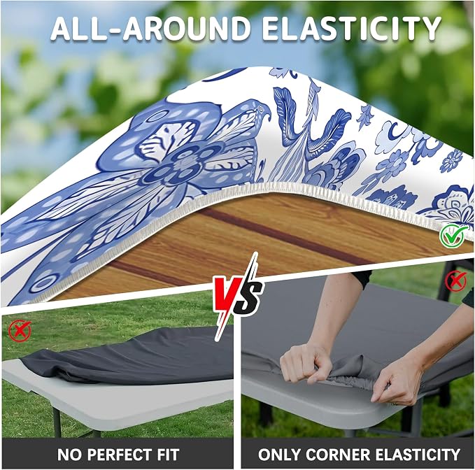 Picnic Table Cover with Bench Covers Elastic Edges, 3 Pcs Flower View Fitted Table Cover with Drawstring Bag, Waterproof Windproof Aesthetic Camping Tablecloth, Outdoor Camping Essentials 72 Inch
