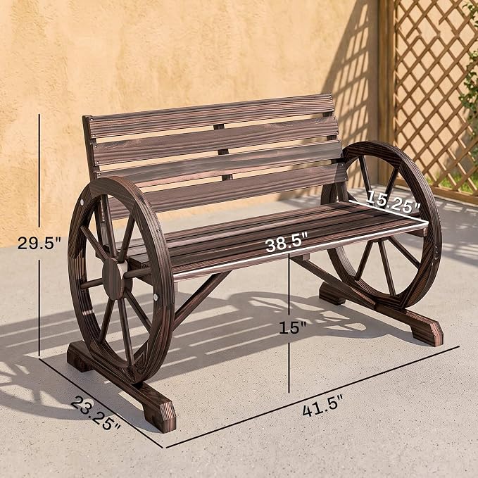 Outsunny 41" Wooden Wagon Wheel Bench, Rustic Outdoor Patio Bench Weather Resistance Furniture, 2-Person Slatted Seat with Backrest, Carbonized