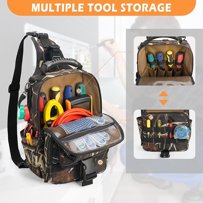 Electrician Tool Pouch Bag, Zippered HVAC Tool Organizer | Heavy-Duty Canvas Fabric, Ergonomic Handle, Removable Shoulder Strap, Ideal for Maintenance Repair Technician