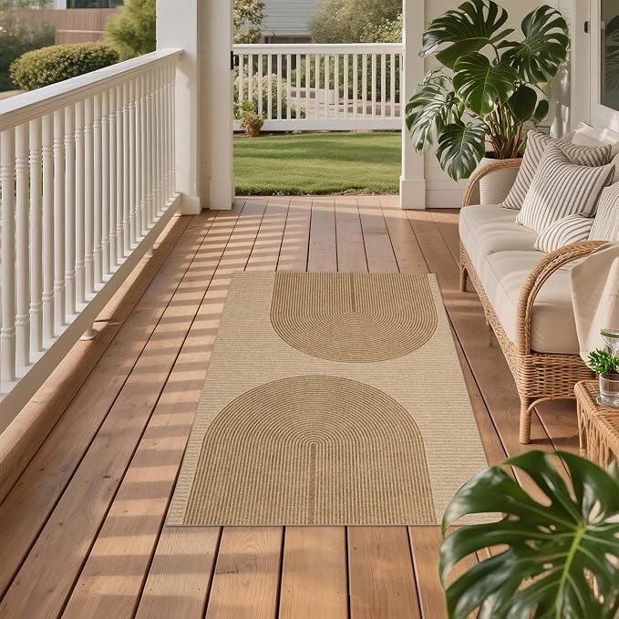 Easy Jute Rug 3x5 Outdoor: Natural Area Rugs for Patio Linen-Look Fabric Durable - Neutral Washable Carpet Mat for Entryway Bedroom Kitchen Non-Slip - Geometric Arch Pattern