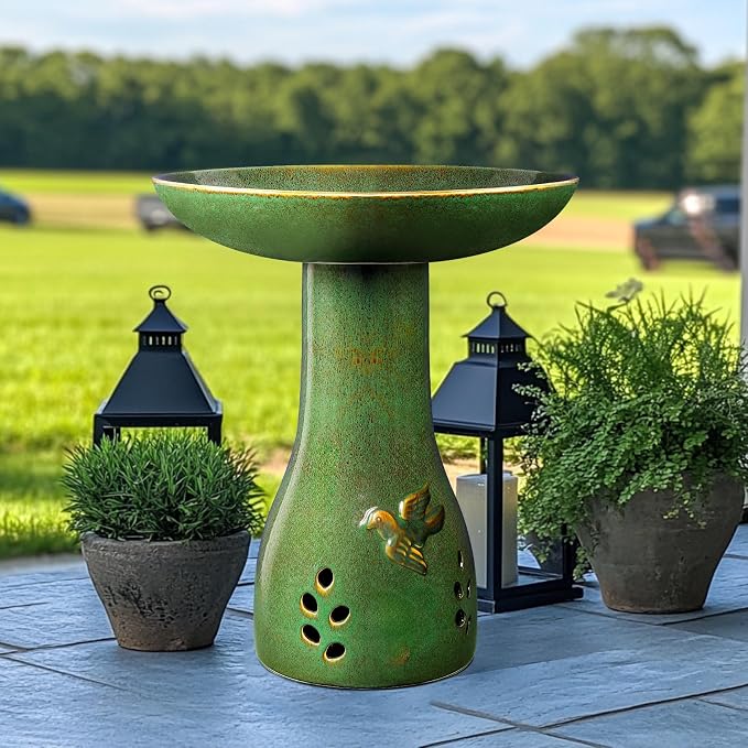Ceramic Bird Bath for Outdoors, 21.5" Tall Heavy Duty Bird Bath, Outdoor Garden and Patio Décor - Green