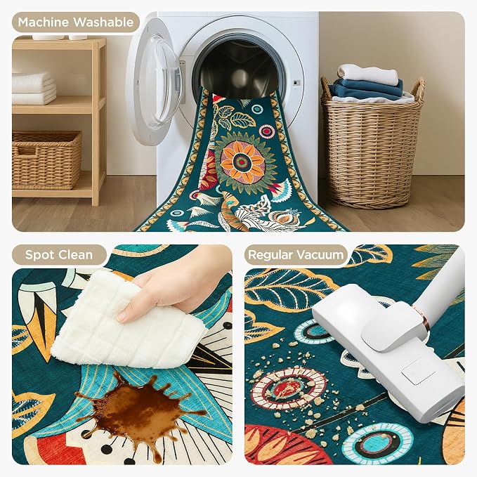 Joydeco Egypt Floral Washable Living Room Rugs 9x12, Dark Green Large Boho Bedroom Dining Room Rug Non Slip, Vintage Low Plie Indoor Throw Rug for Dining Room Nursery Dorm Classroom