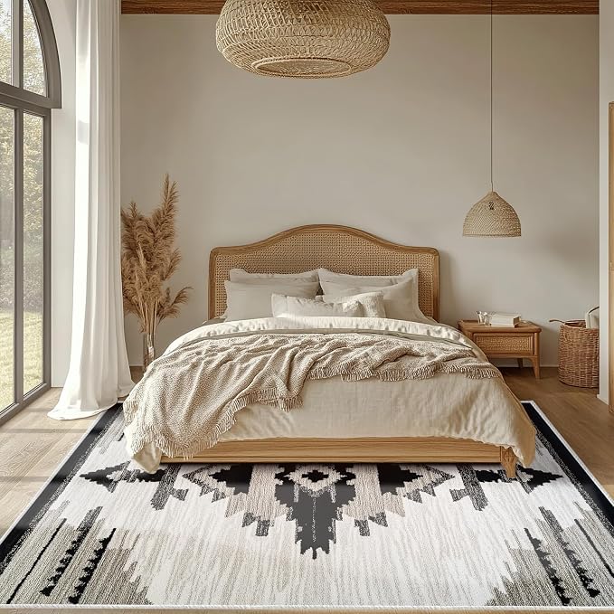 Western Area Rug Southwestern Aztec Navajo Washable 8x10 Rugs for Living Room Bedroom Southwest Tribal Gray Beige Non-Slip Soft Floor Large Carpet for Office Entryway Bathroom