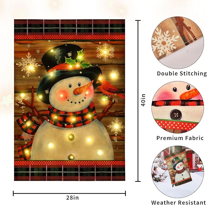 Lighted Christmas Garden Flag for Outside, Led Snowman Garden Flag, Winter Yard Flag 28x40 Double Sided for Outdoor Yard Porch Lawn Decoration