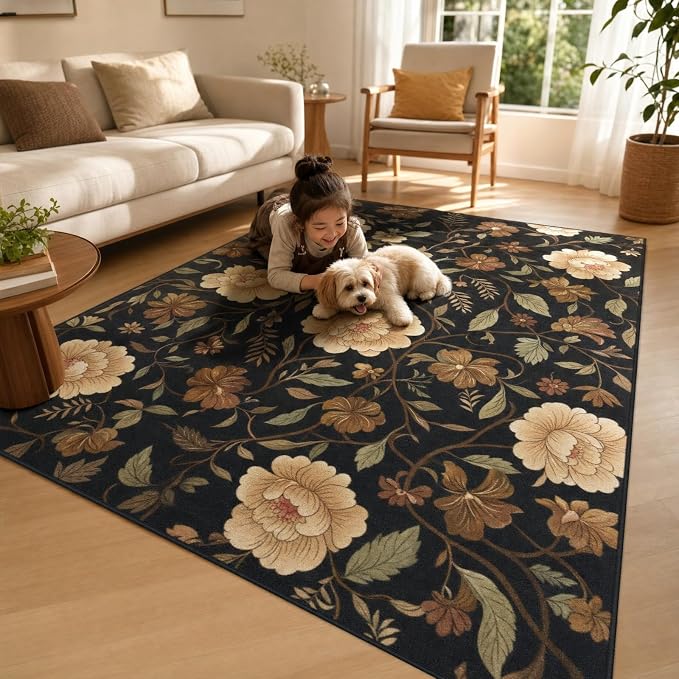 9CH Black Floral Rug - Elegant Vintage Botanical Area Rug with Sage Green Leaves, Non-Slip Dark Flower Pattern Carpet for Dining Room, Entryway (5'x7')