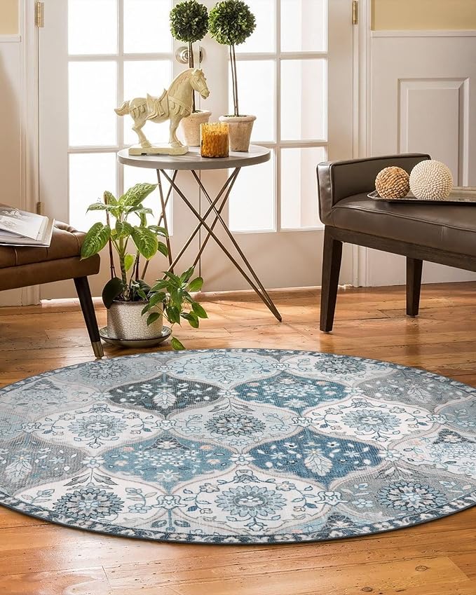 Lahome Moroccan Washable Round Rug, Soft Vintage Small Round Rug 3ft | Non-Slip Ultra-Thin Distress Circle Carpet for Entryway Bathroom Bedroom Kitchen Elise, Blue