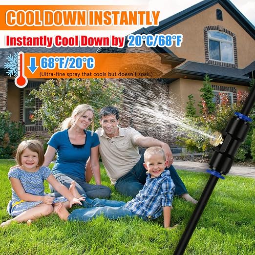 Misters for Outside Patio 30FT/9M, Pre-Assembled Misting Cooling System with 8 Brass Nozzles & 3/4" Adapter, Outdoor Mister for Backyard, Garden, Trampoline Sprinkler, BBQ Party Accessories