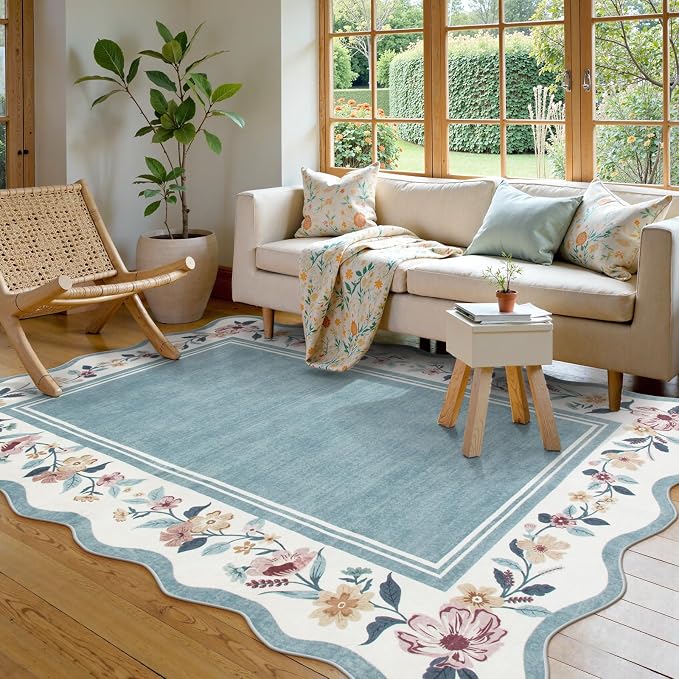 Lahome Floral Area Rug 5x7 for Living Room, Washable Blue Scalloped Rug | Soft Low Pile Large Rugs for Bedroom, Farmhouse, Dining Room, Kids, Ariele
