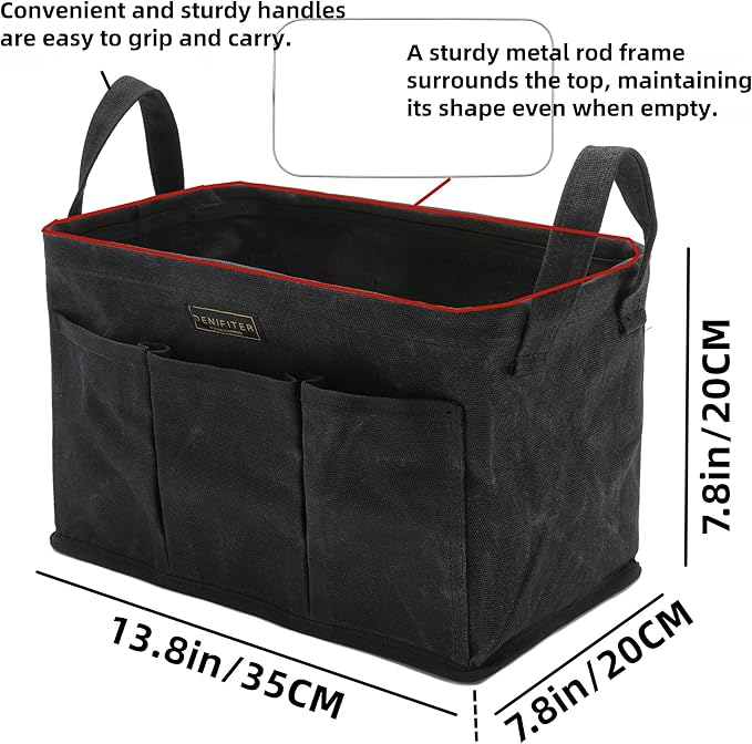 Storage Tool Case, 13.8 x 7.8 x 7.8 Inches, Rectangular Waxed Canvas Fabric Collapsible Tool Bag with Handles for Tools,Wrench Set,Screwdrivers (Black)