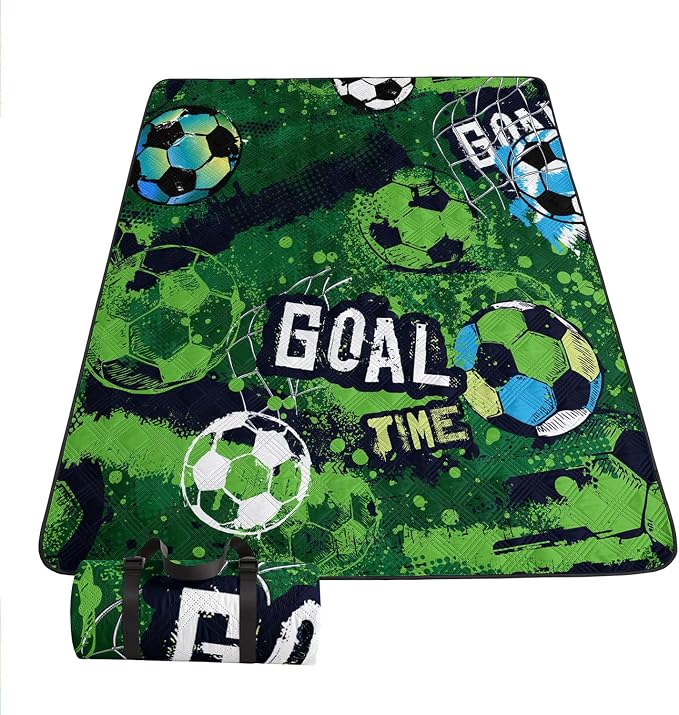 Outdoor Picnic Blanket Portable Ultrasonic Waterproof Picnic Cartoon Soccer Green Printed Camping Beach Mat for Sand and Wet Grass Hiking (Cartoon Soccer S