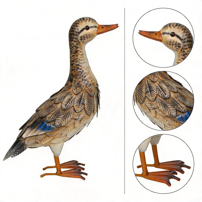 Shorayn Metal Duck Garden Statue, Life-Size Iron Hen Mallard, Handmade Gray Duck Yard Decor, Indoor Outdoor Ornament, Gift for Housewarming/Mother’s Day/Christmas