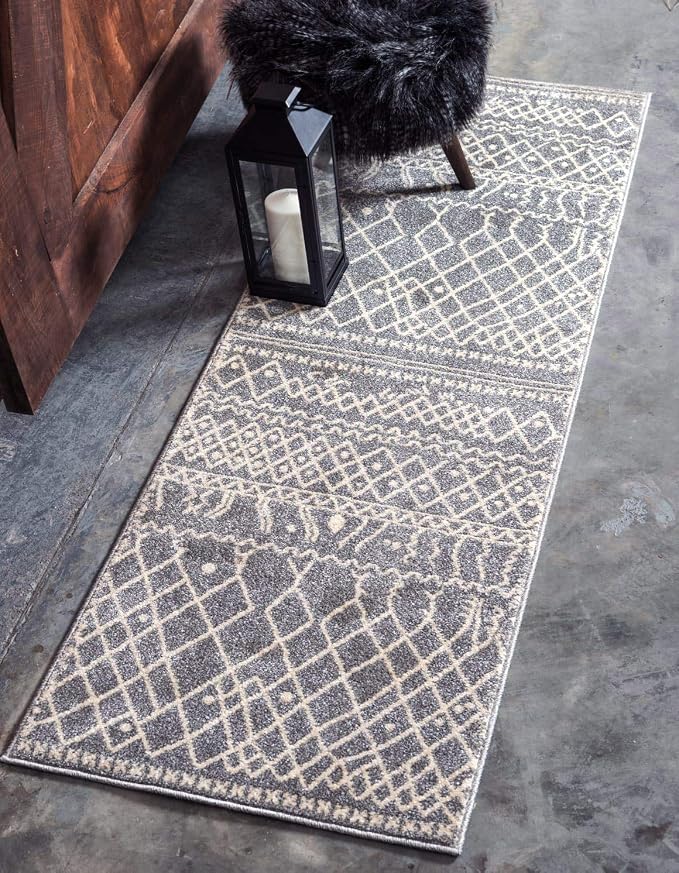 Unique Loom Fez Collection Tribal, Moroccan, Bohemian Area Rug (2' 7 x 10' 0 Runner, Gray/ Beige)