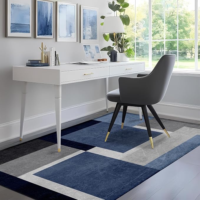 Washable Low-Profile Geometric Area Rug, 0.2 inch Thin Abstract Rug Design for Living Room & Bedroom Decor, 3x5 ft Blue Grey Modern Non-Slip Floor Rug