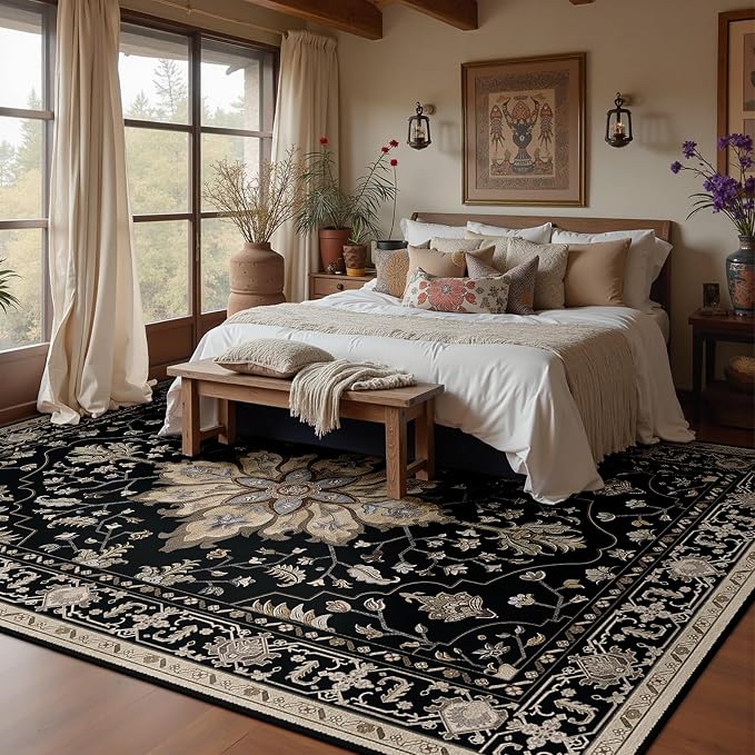 RELEANY Washable Area Rug, 7'x9', Black/Neutral | Non-Slip, Water Repellent, Pet Friendly, Easy to Clean, Vintage Floral Boho Decor for Living Room Bedroom Dining Room Office