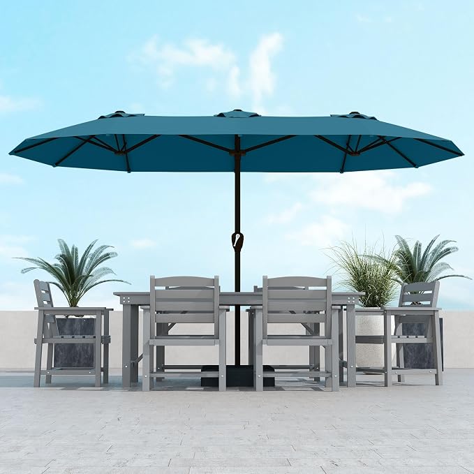 Kingdura 13ft Large Patio Umbrella with Base Included, Double-Sided Rectangle Outdoor Table Umbrella with 12 Reinforced Ribs, Crank Lift for Market Pool Deck Backyard, Lake blue