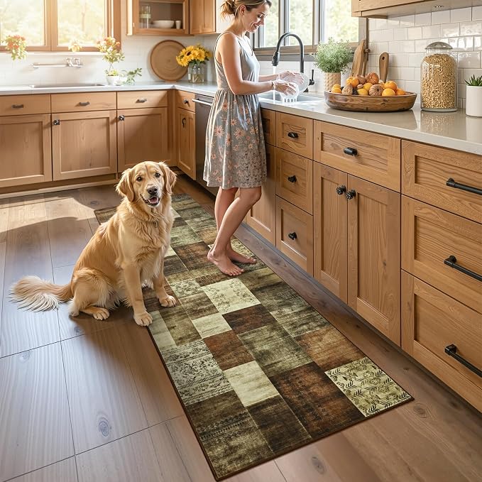 Runner Rug for for Hallways, 2'x6' Washable Kitchen Rugs with Non Slip Rubber Backing, Soft Low Pile Non-Shedding Geometric Carpet for Laundry Bedroom Bathroom, Brown