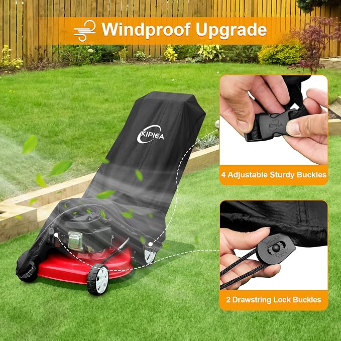 Kipiea Outdoor 600D Lawn Mower Cover Waterproof, UV & Tear-Resistant with 4 Buckles and 2 Drawstrings for Most Push Lawn Mowers