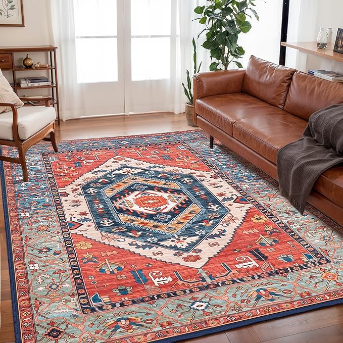 SERISSA 5x7 Washable Non Slip Boho Area Rug for Living Room，Rust | Ultra Soft Vintage Oriental Carpet Low-Pile Distressed Tribal Throw Carpet for Bedroom Dining Room Dorm Office Home Decor