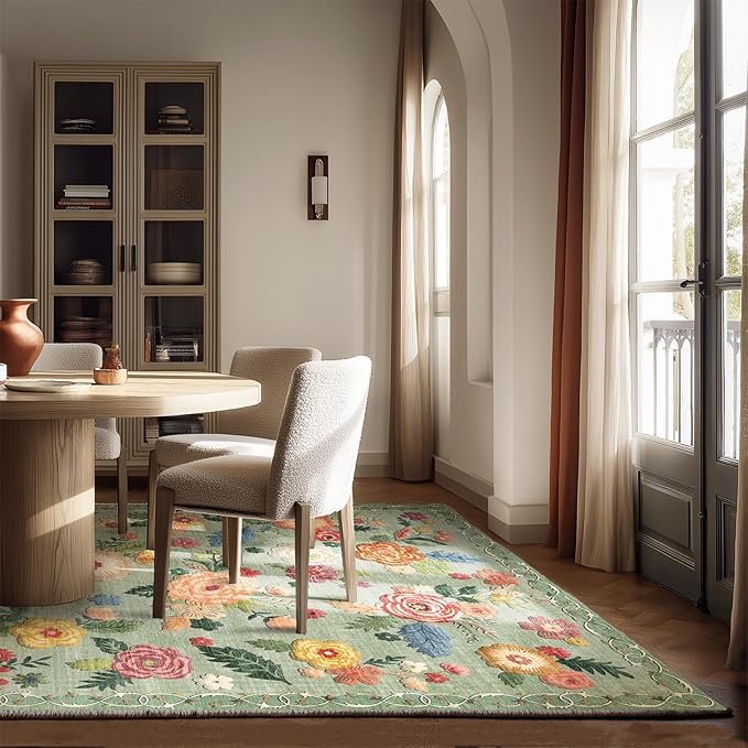 9x12 Area Rugs for Living Room: Washable Bedroom Rug Lightweight Non Slip Low Pile Soft Faux Wool Non Shedding Distressed Vintage Floral Large Carpet for Dining Room Farmhouse Nursery Office Indoor