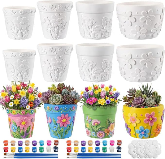 Zubebe 12 Pcs Paint Your Own Ceramic Pots Bulk Unfinished Succulent Pots Craft Kit with Drainage Hole Mini Paintable Plant Vase Ready to Paint Planter for Cactus DIY Craft (Spring Flowers)
