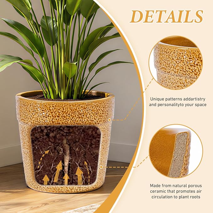 Ceramic Planters Set of 3, 15/12/9 Inch Indoor & Outdoor Large Plant Pots with Drainage Hole, Handmade Speckled Glaze Decorative Flower Pots for Indoor Plants, Patio & Garden, Antique Yellow