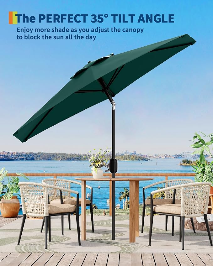 GarveeLife 7.5 ft Outdoor Patio Umbrella, Outdoor Table Umbrella, Market Umbrella with Push Button Tilt and Crank, 6 Sturdy Ribs UV Protection Waterproof for Garden, Deck, Backyard, Pool (Dark Green)