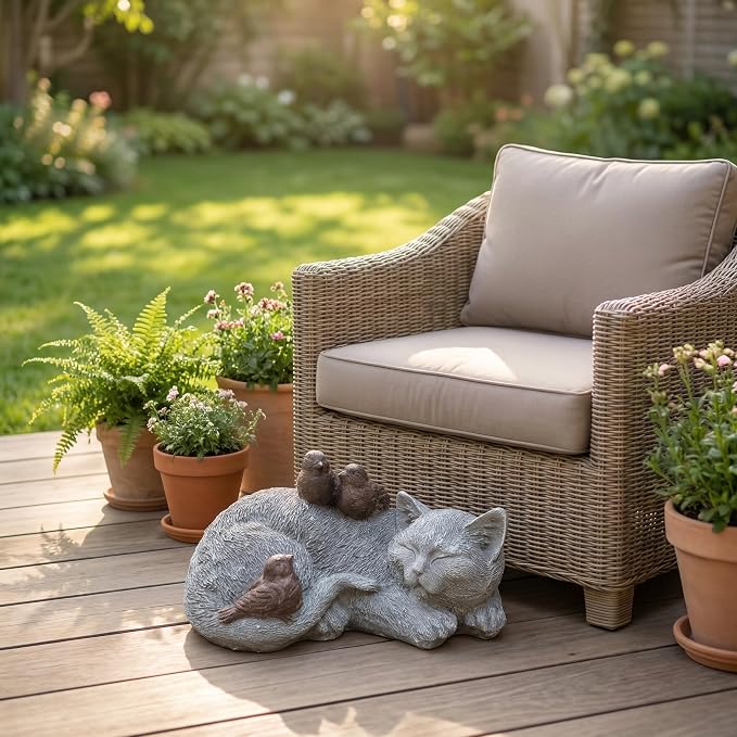 Cat Statue Outdoor Garden Decoration, Cat Memorial Stone Peaceful Sleeping Statues & Figurine Garden Decor for Patio Lawn Porch, 11.5" Tabby Grave Markers and Loss Pet Sympathy Gift