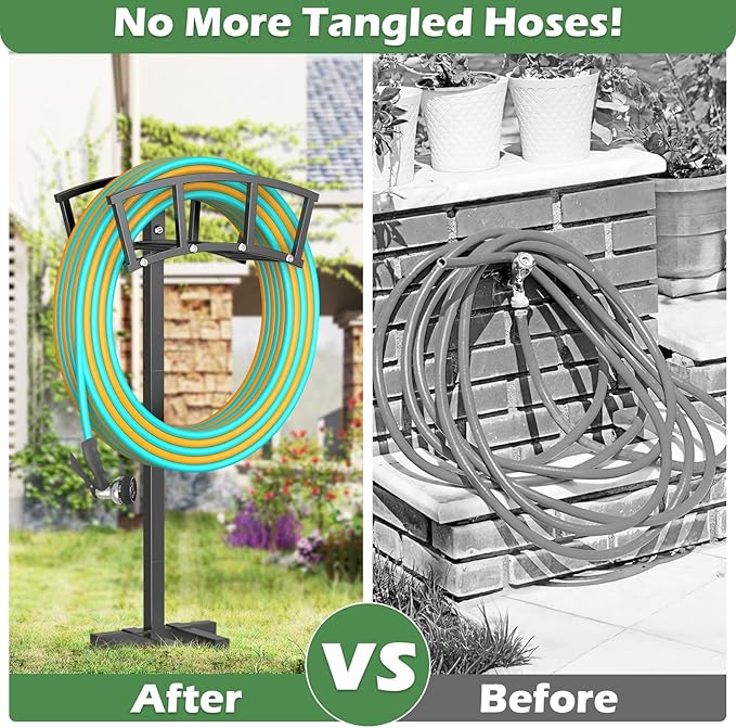 OLV Garden Hose Holder 4 Spikes, Heavy Duty Freestanding Water Hose Holder Stand Holds 150-ft Hoses, Detachable Outdoor Metal Storage Hanger Organizer Rack for Outside Yard Lawn Farm