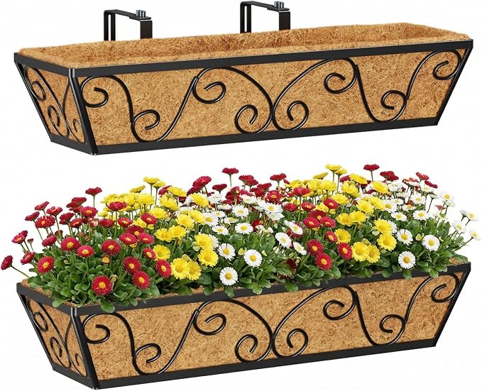Y&M 24 Inch Window Deck with Coco Liner, Fence Metal Hanging Flower Planter Window Basket Deck Railing Planter Boxes for Outdoor Garden Lawn-Butterfly, 2pcs