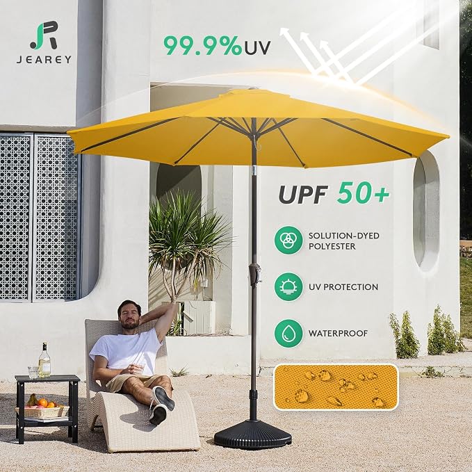 JEAREY Outdoor Patio Umbrella 9FT Outdoor Table Umbrella with Push Button Tilt and Crank, Market Umbrellas 8 Sturdy Ribs UV Protection Waterproof for Garden, Deck, Pool (Bright Orange)