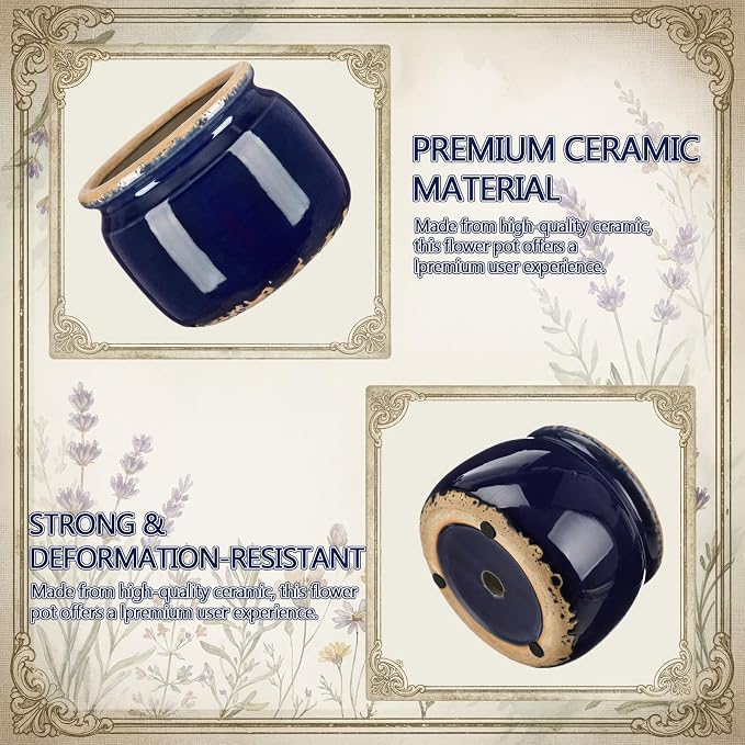 7.7" Large Ceramic Plant Pot Navy Blue Vintage Planter Crackle Glaze Decorative Coastal Flowers Pot with Drainage for Indoor Outdoor Plants Home Shelf Kitchen Office Patio Decor Gift